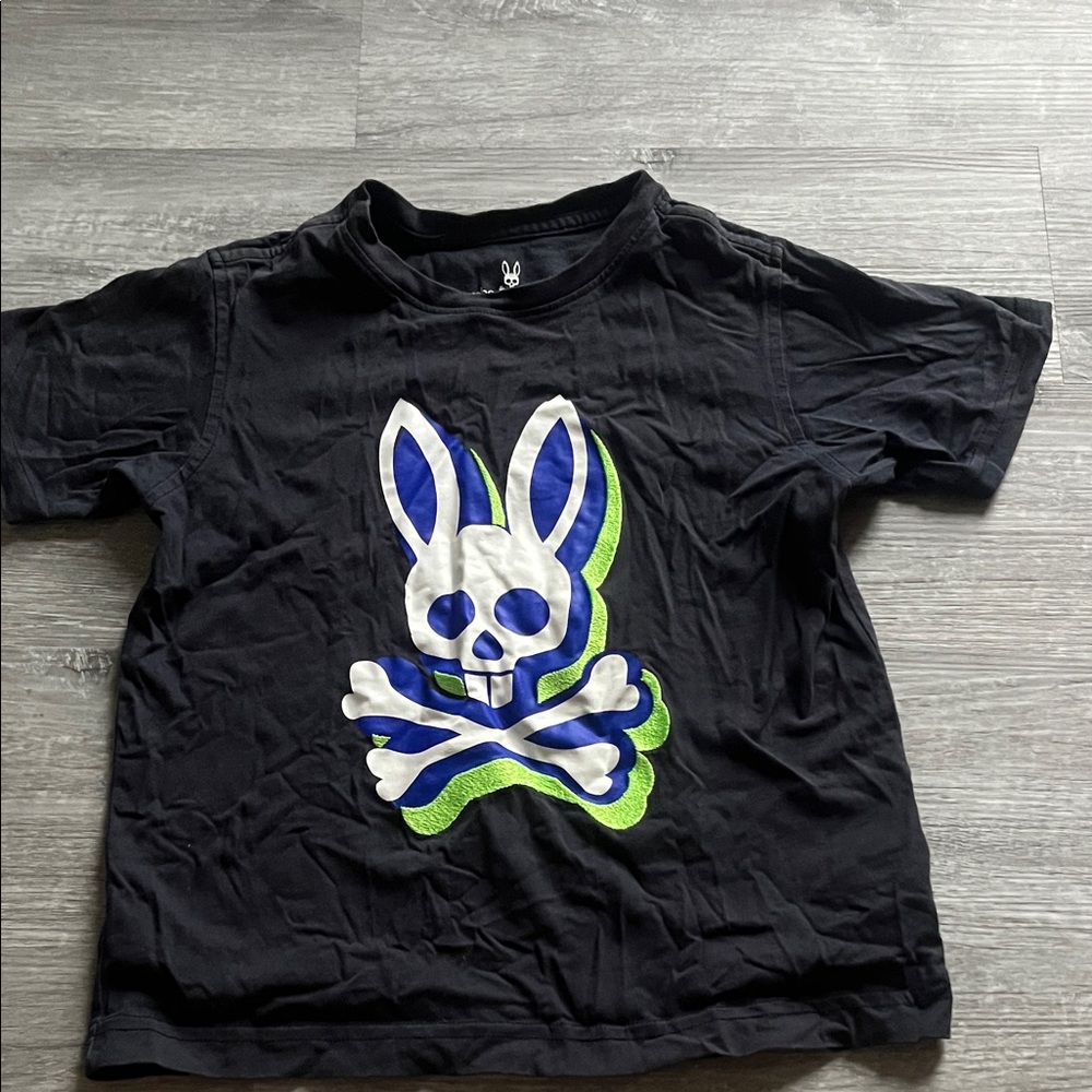 Psycho Bunny Black Tee with White, Blue & Green Skull Bunny Graphic